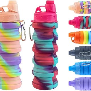 Collapsible Travel Bottles 2 Pack - Portable Hiking Bottles, Leak Proof 500ML, Reusable BPA Free Silicone (Pink+Rose Red)